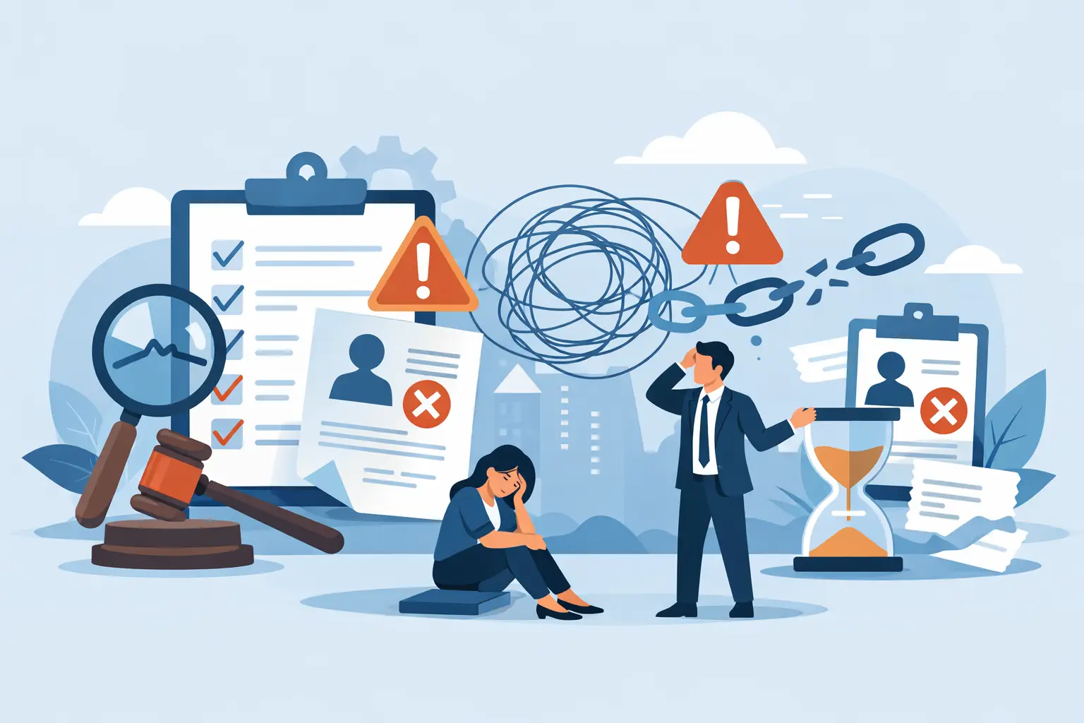 Illustration of stressed people amid job rejection signs, exclamation marks, clipboard, hourglass, and legal gavel symbolizing employment challenges.