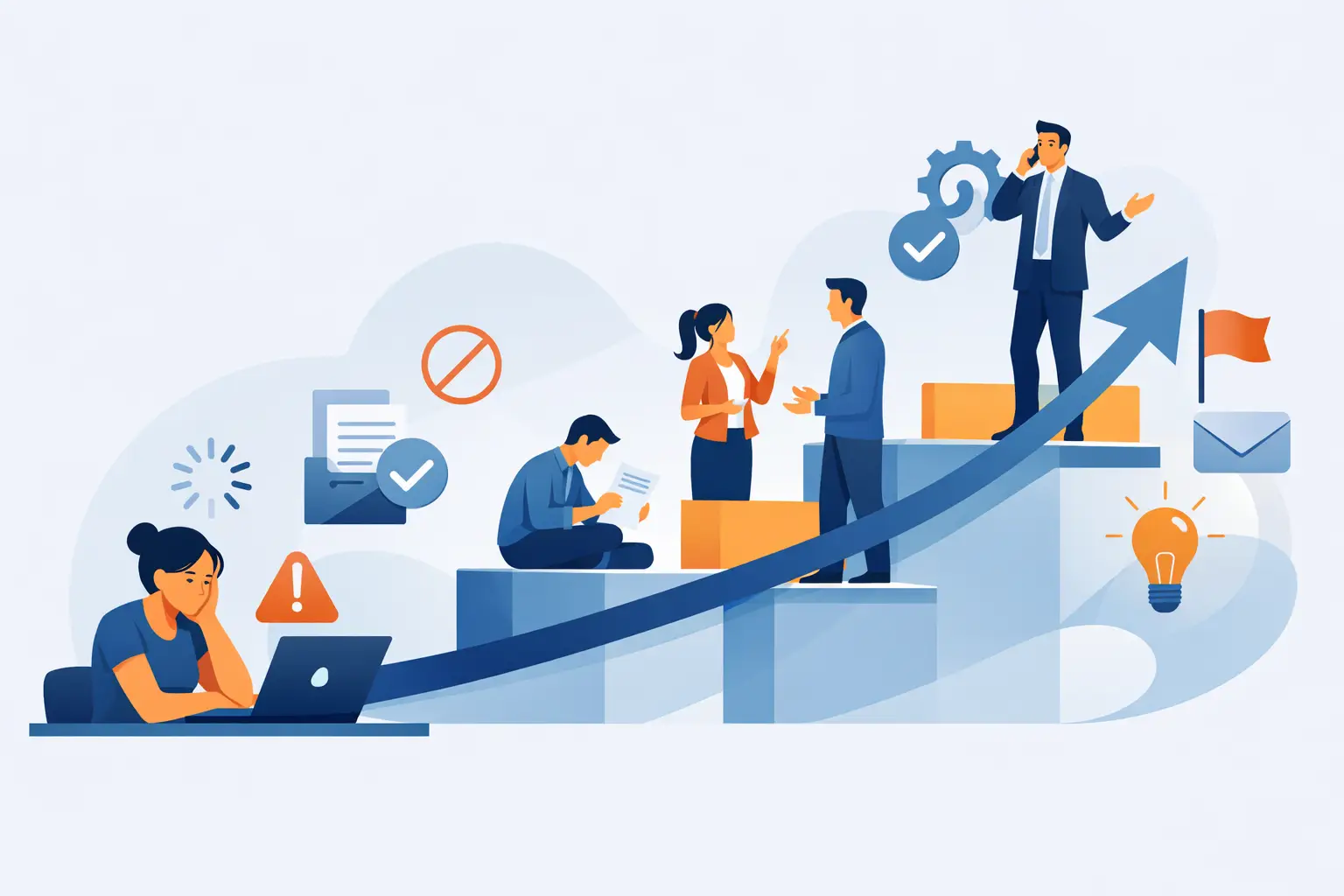 Illustration of people collaborating on a rising graph path with symbols of tasks, checking, and innovation, emphasizing communication and teamwork.