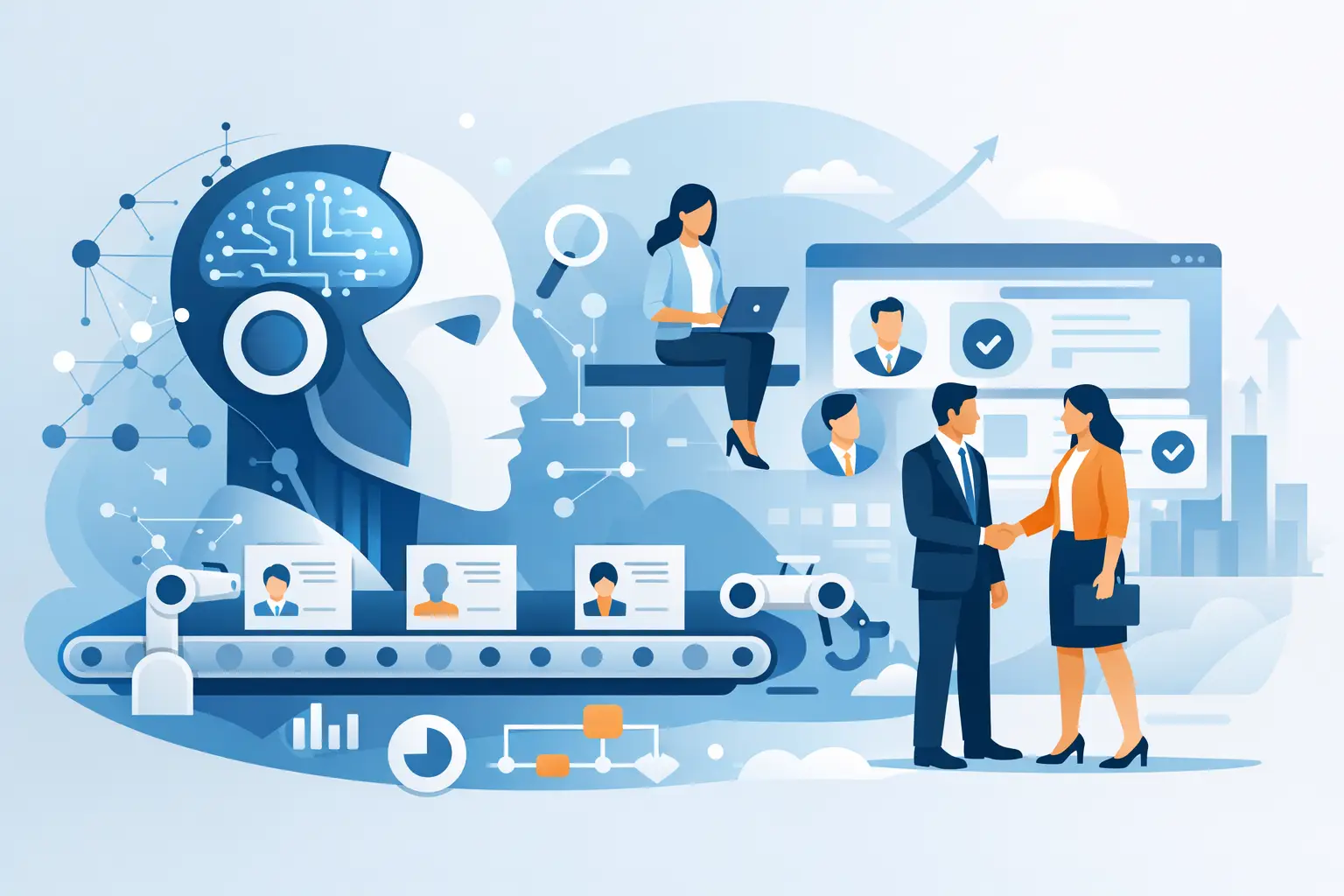 AI-themed illustration showing a digital humanoid, graphs, businesspeople shaking hands, and data symbols representing technology integration.