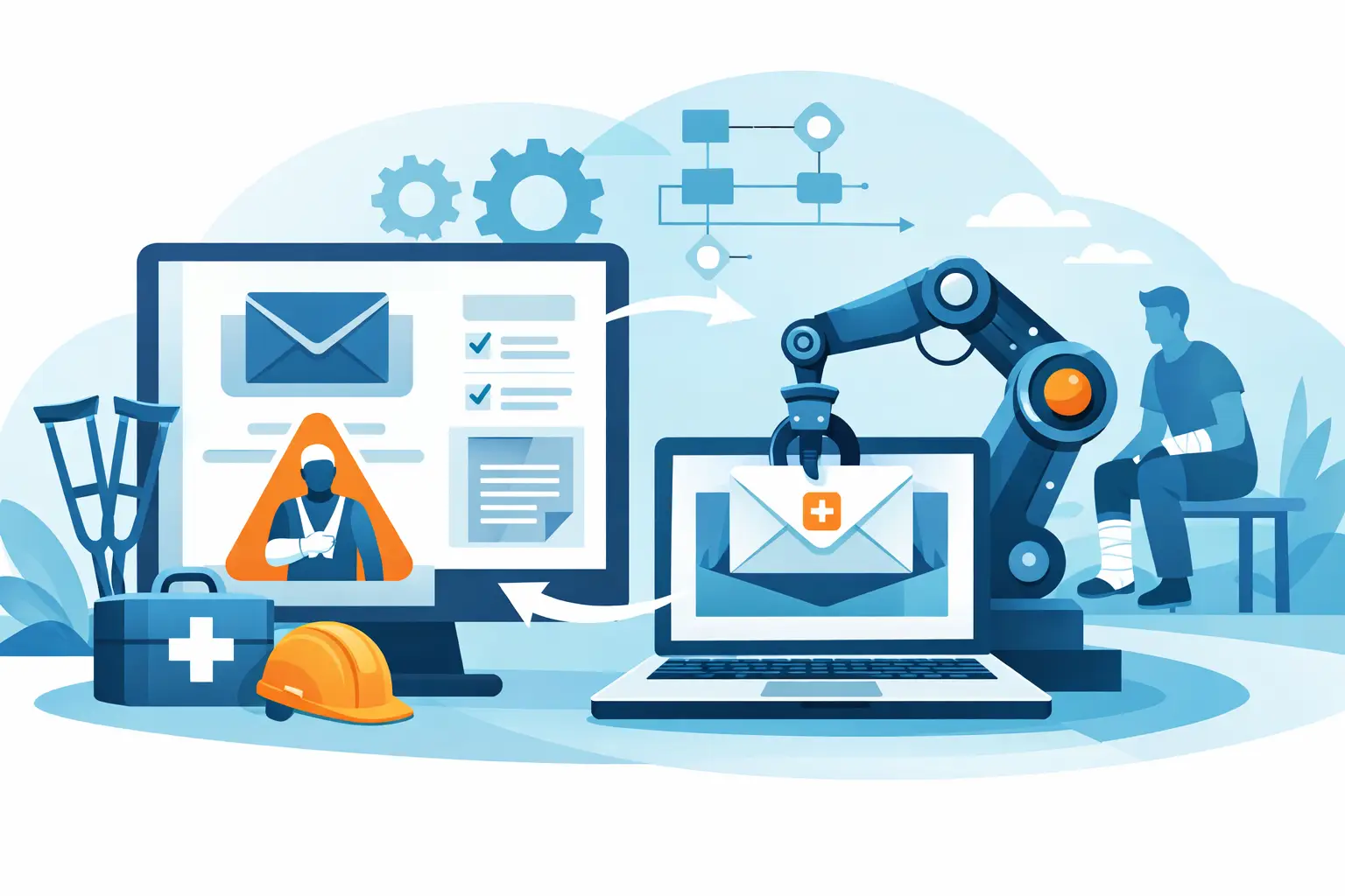 Injury report email automation routing a staffing workplace incident into a controlled claims workflow.