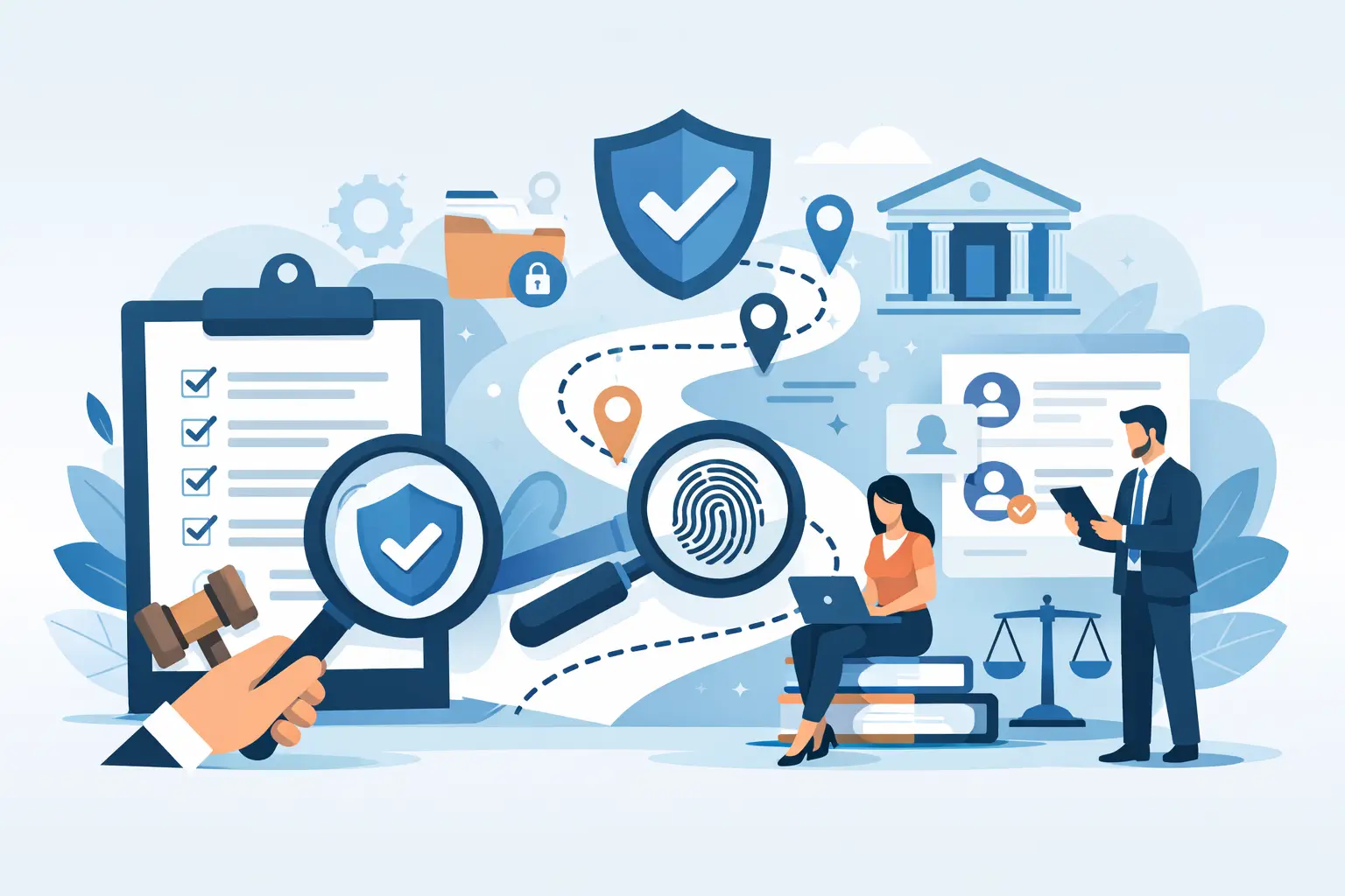 Illustration of people analyzing documents with magnifying glasses, featuring icons of security, a gavel, fingerprint, map markers, and a scale.