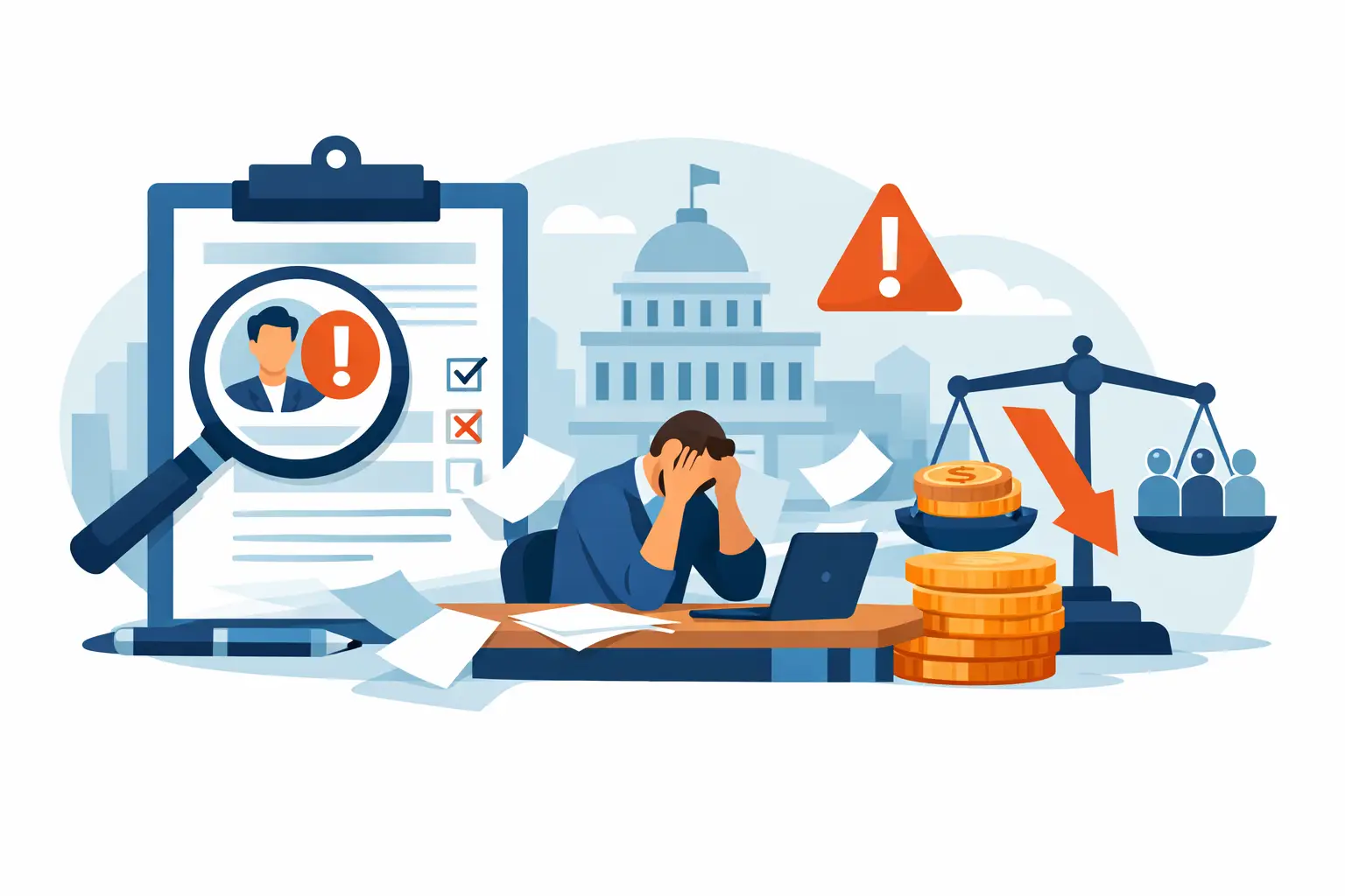 A stressed man at a desk holds his head; beside him are scales with coins and people, and a magnified document with an alert symbol.