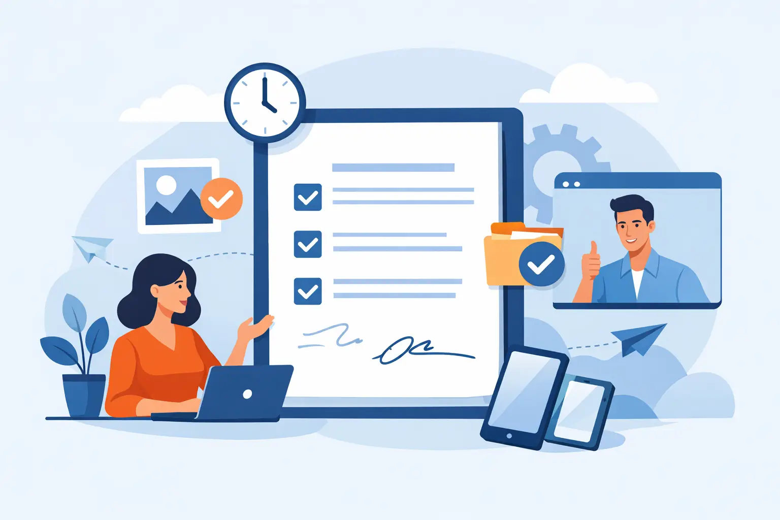 Illustration of a woman working at a laptop with a checklist, clock, and video call. A man gives a thumbs-up. Paper and digital communication depicted.