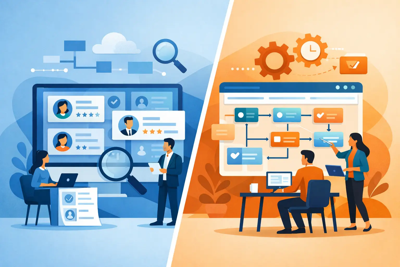 Two contrasting scenes: On the left, recruitment process with profiles and reviews; on the right, a workflow with charts and gears.