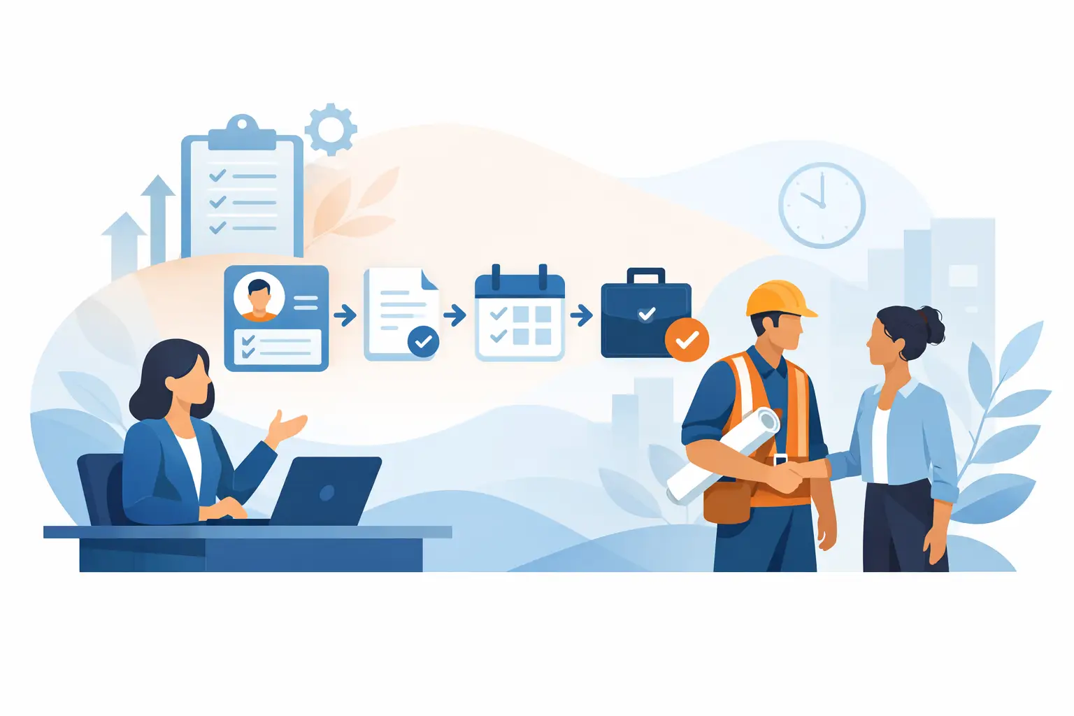 Contractor onboarding workflow with intake, screening, approval, payroll, and start-date controls.